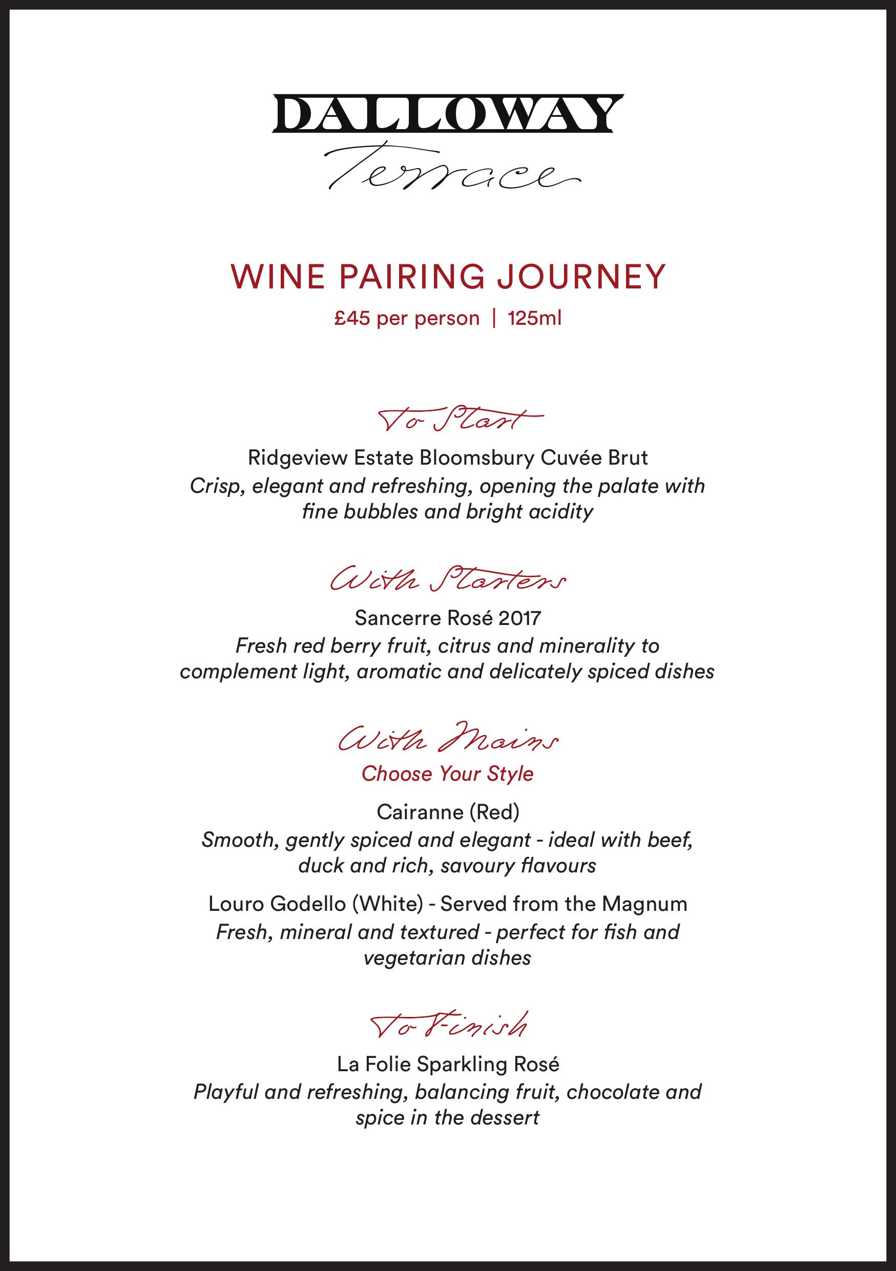 Dalloway Terrace Wine Pairing Journey - £45 per person